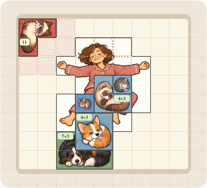 Placeholder playtest art of sleeping pets arranged on a bed