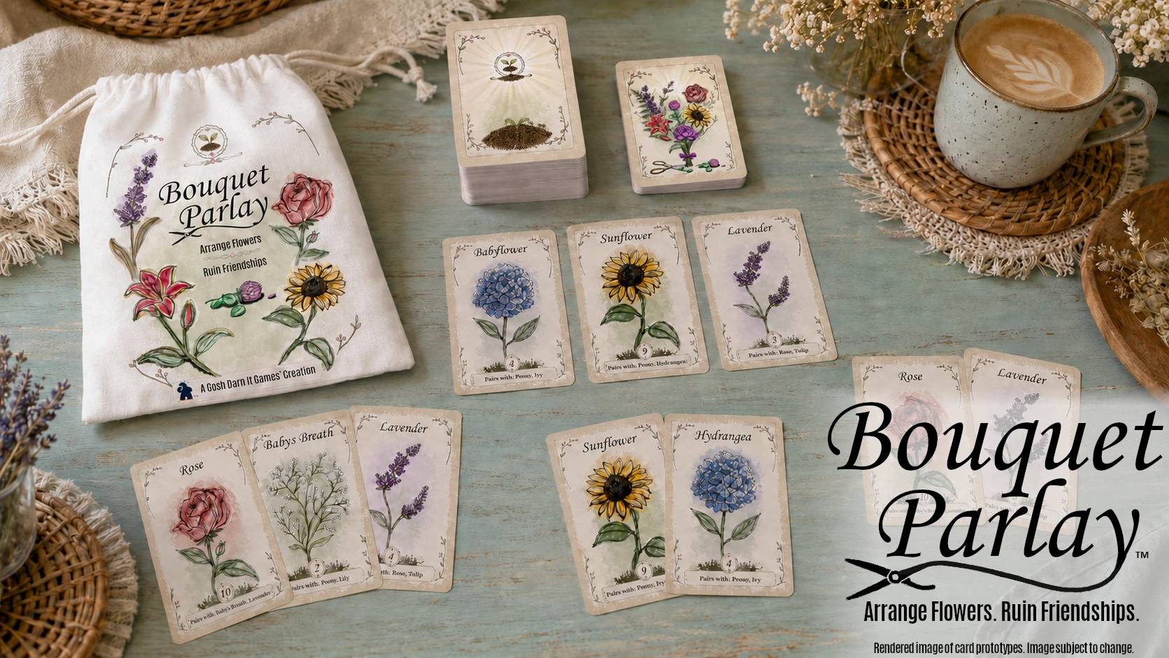 Bouquet Parlay prototype cards, bag, and cozy tabletop scene