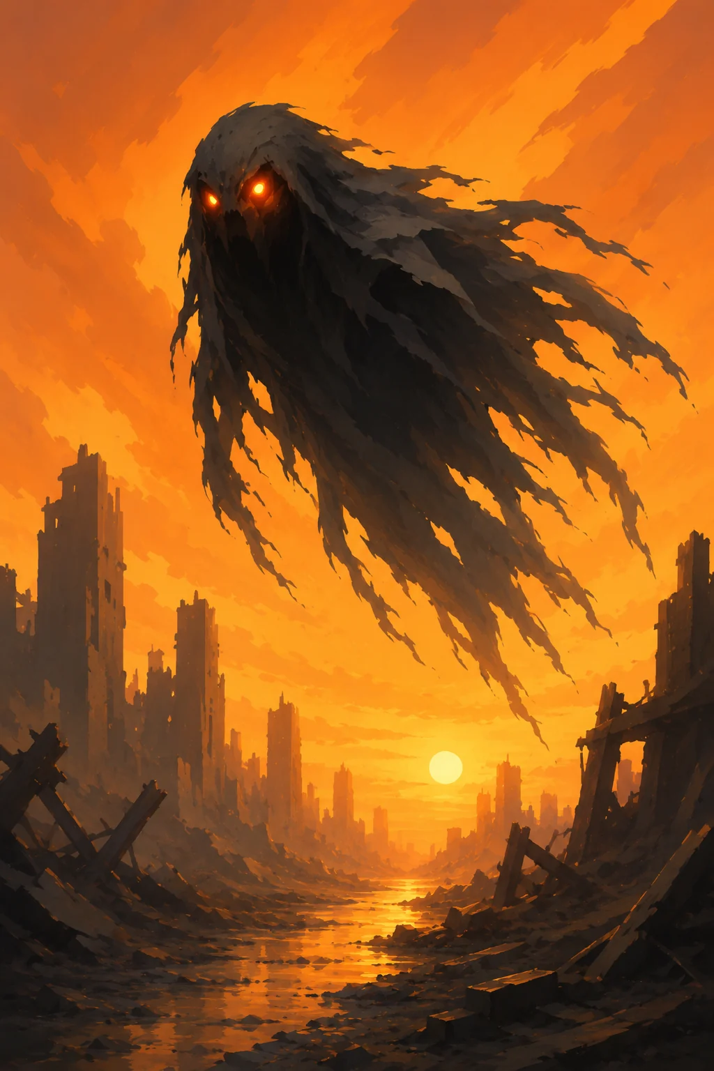 Seek Shelter floating creature over ruined city